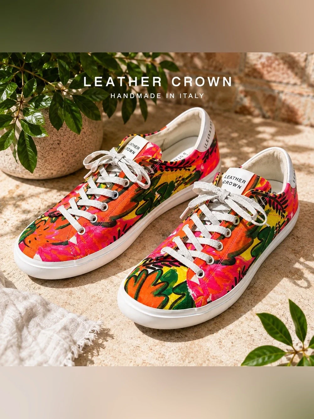 Leather Crown Handmade in Italy Sz 9 Floral Canvas Sneakers Dopamine  #15